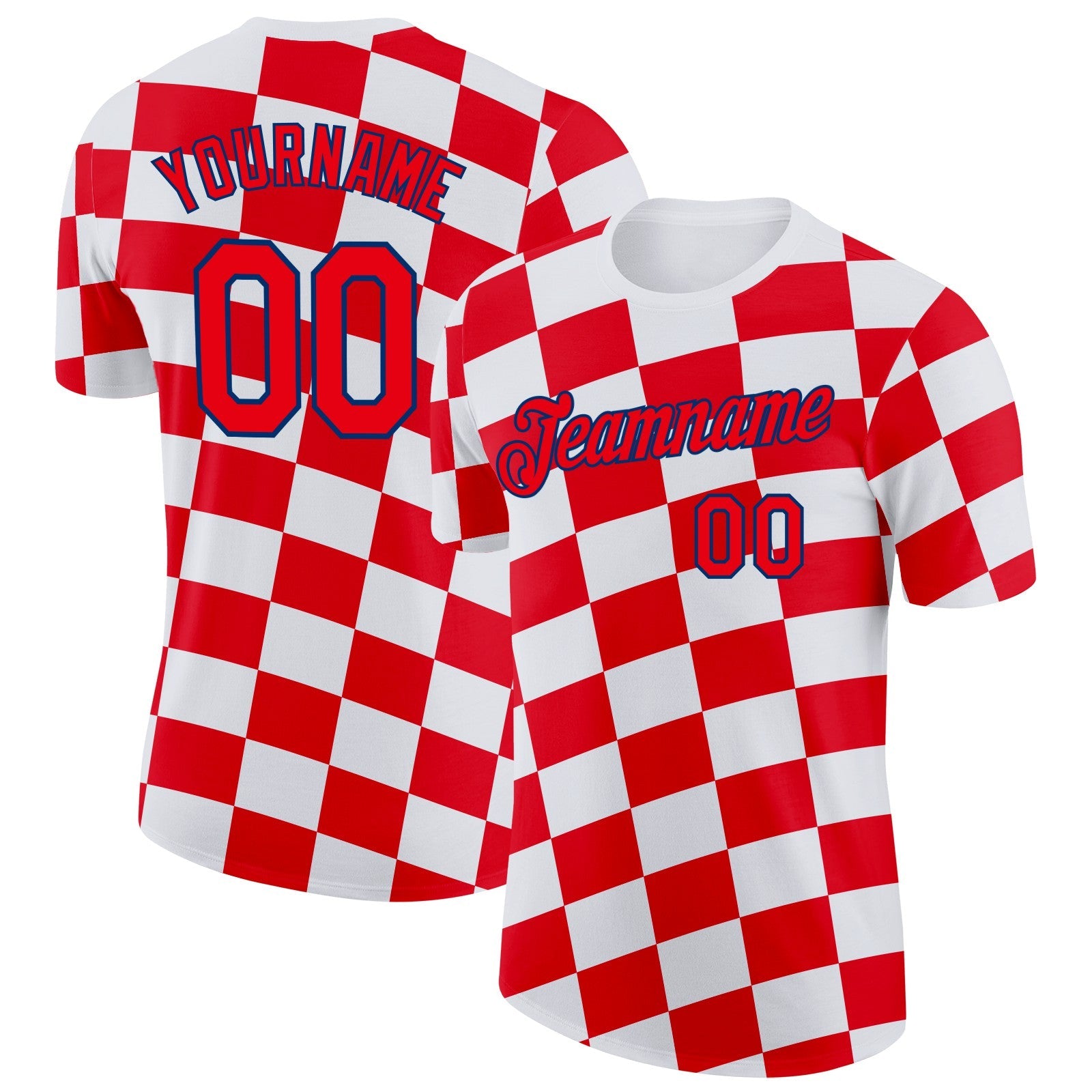 Custom White Fire Red-US Navy Blue Croatia Plaid Performance T-Shirt - Main View