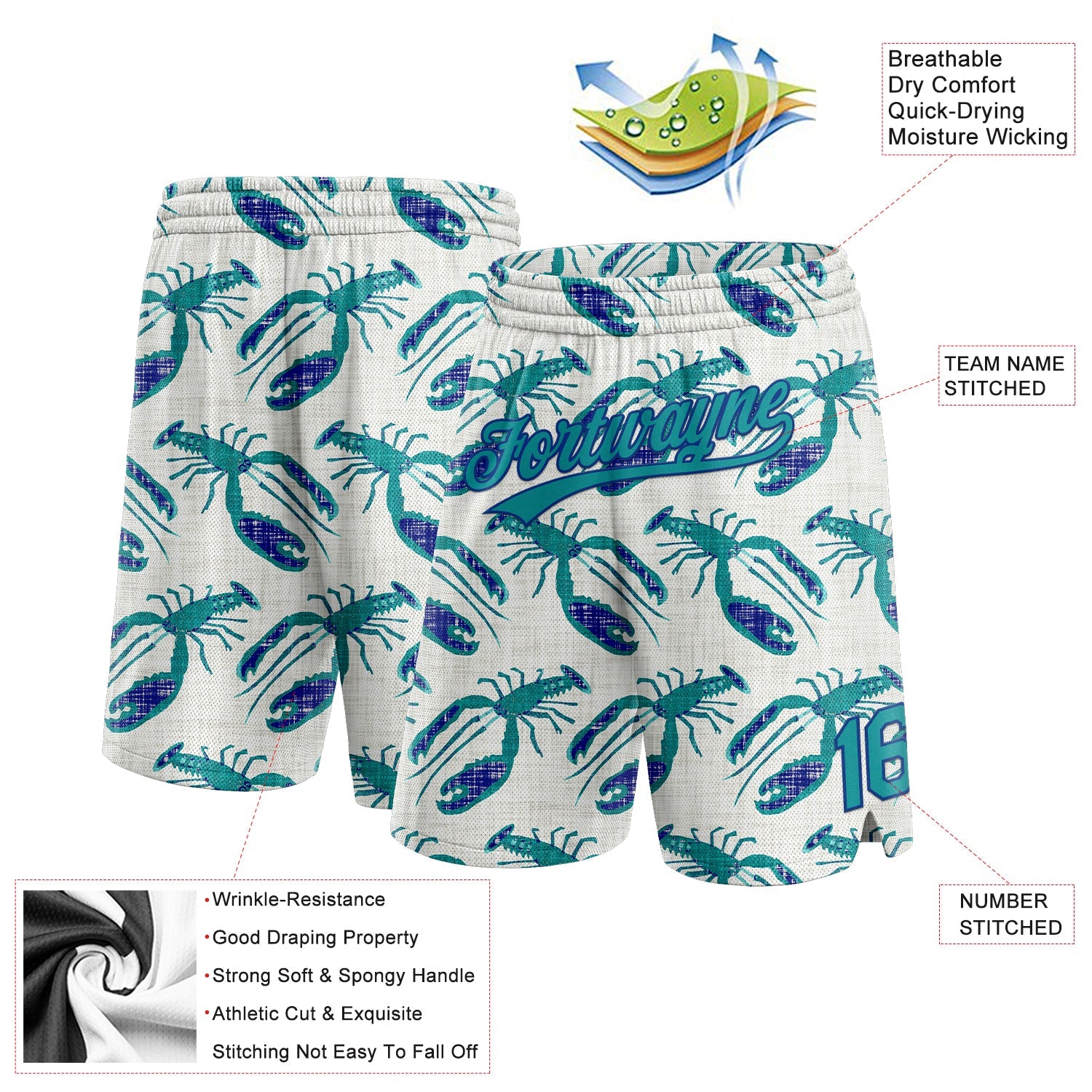 Custom Cream Teal-Royal 3D Pattern Lobsters Authentic Basketball Shorts view 2
