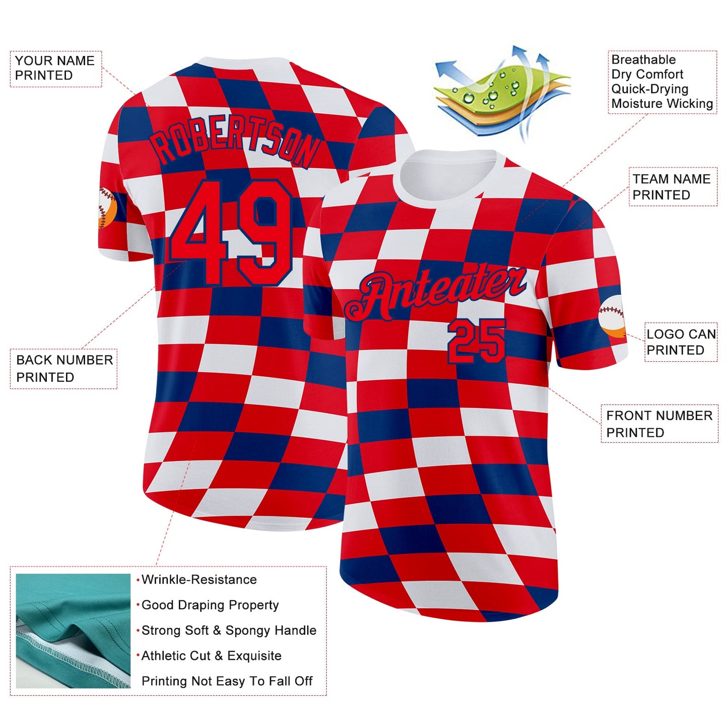 Custom White Fire Red-US Navy Blue Croatia Plaid Performance T-Shirt view 2