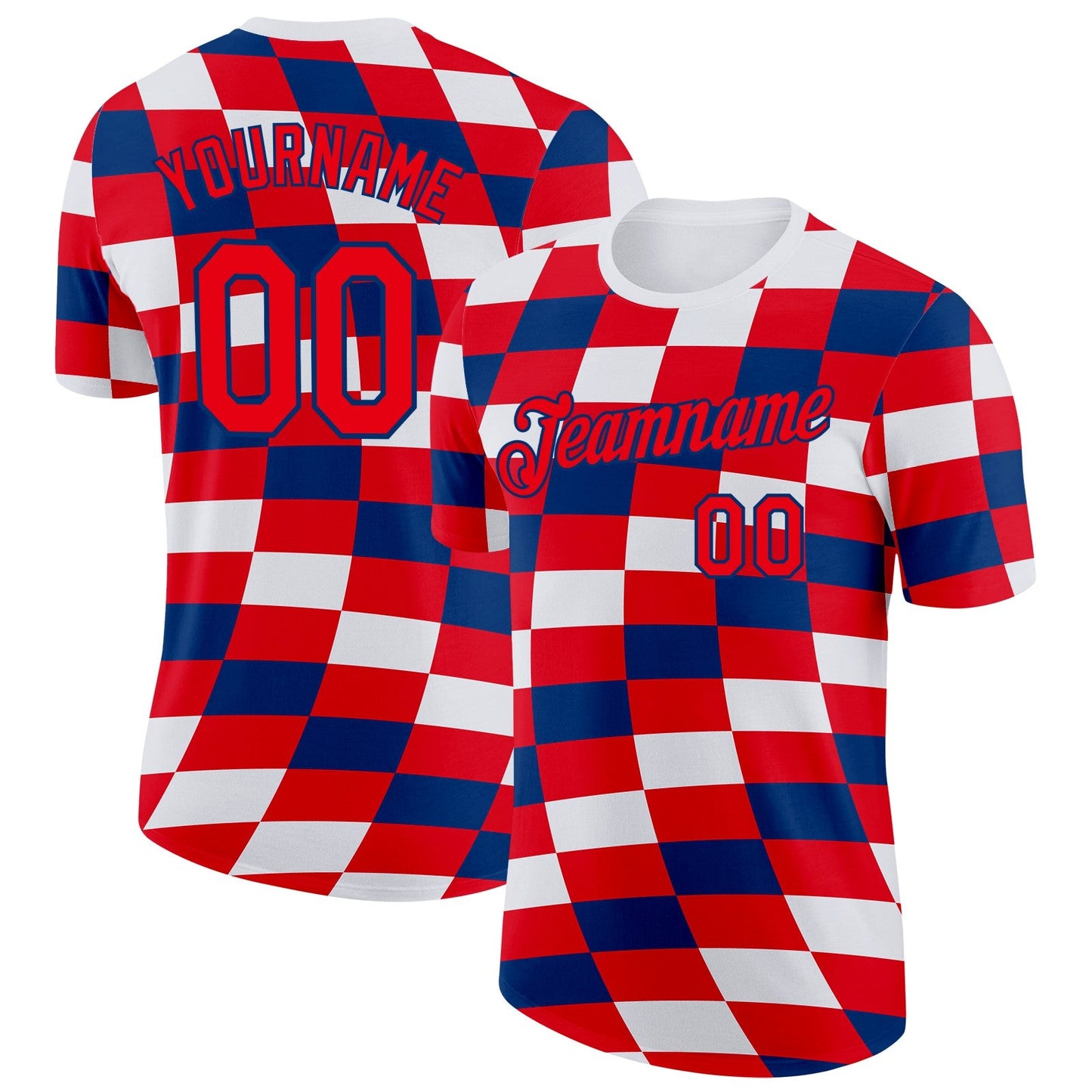 Custom White Fire Red-US Navy Blue Croatia Plaid Performance T-Shirt - Main View