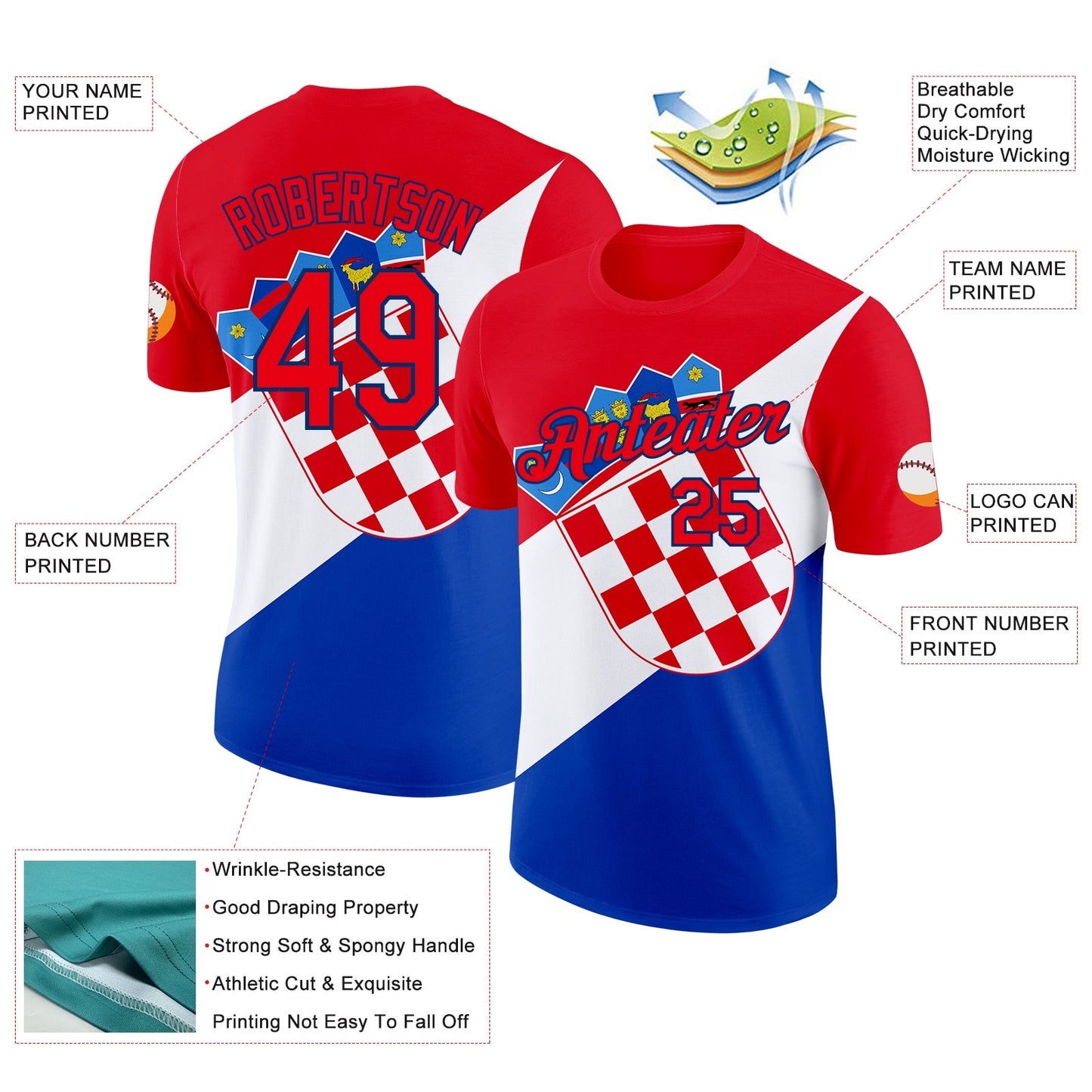 Custom Fire Red US Navy Blue White-Blue Croatia Flag Performance T-Shirt view 2