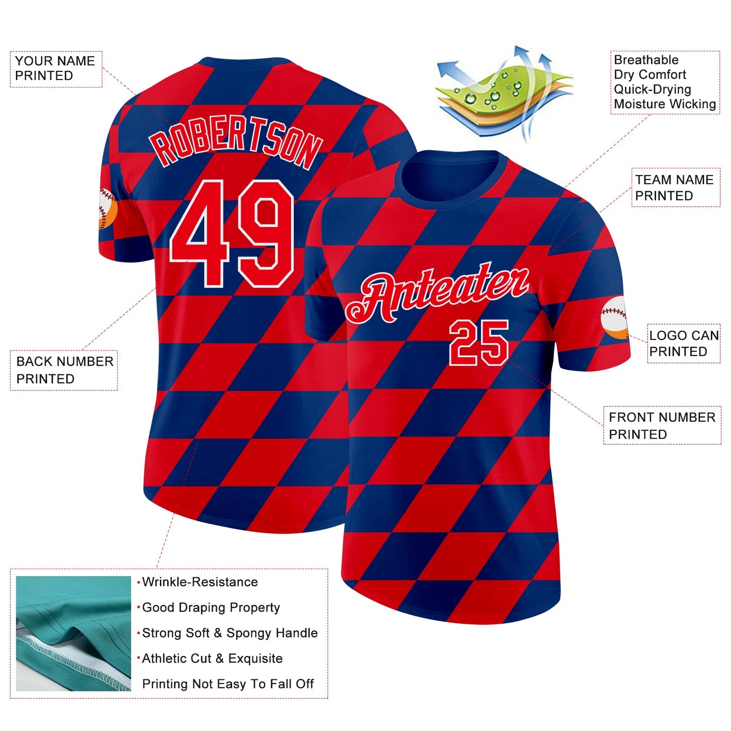 Custom US Navy Blue Fire Red-White Croatia Rhombus Performance T-Shirt view 2