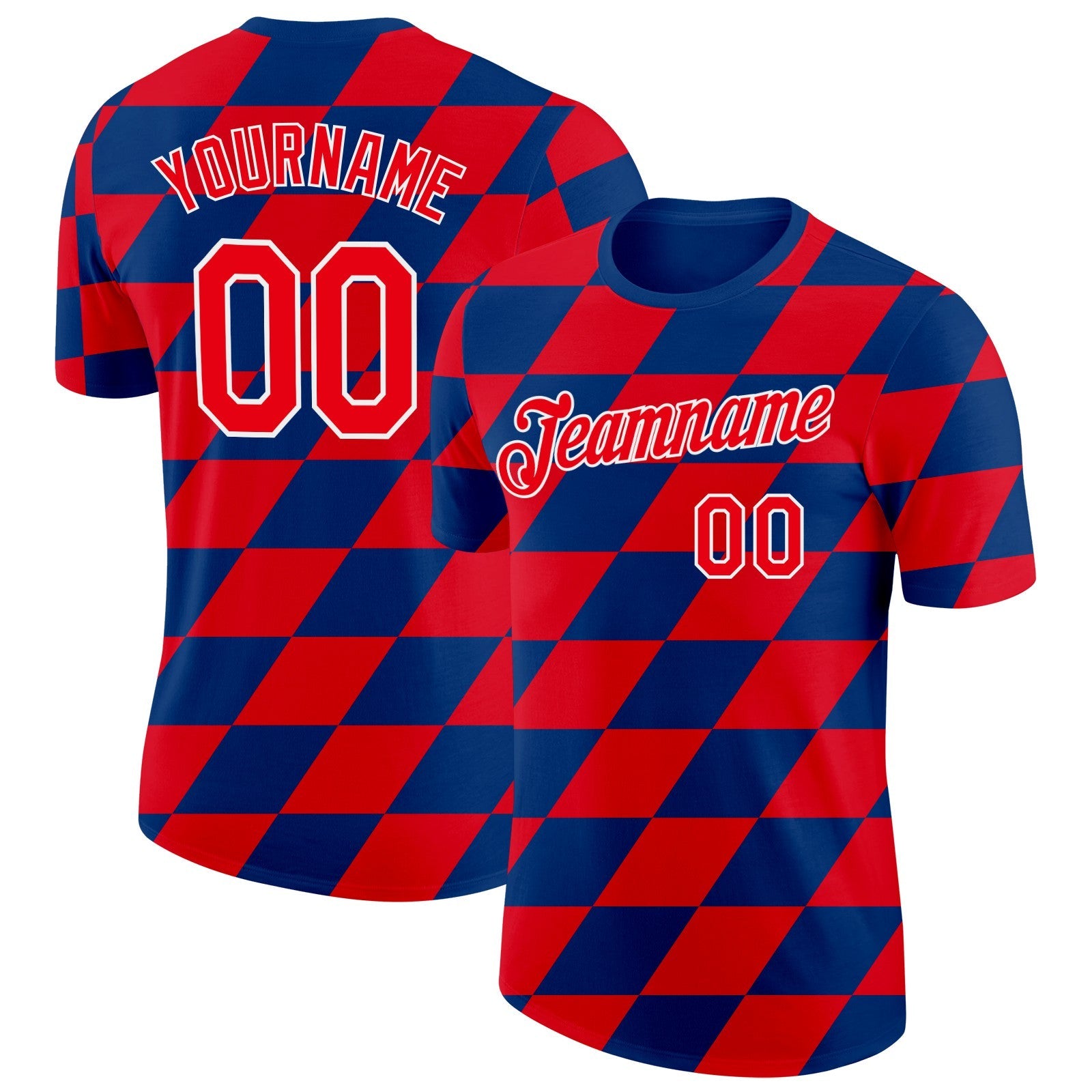 Custom US Navy Blue Fire Red-White Croatia Rhombus Performance T-Shirt - Main View