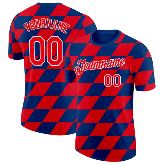 Custom US Navy Blue Fire Red-White Croatia Rhombus Performance T-Shirt - Main View