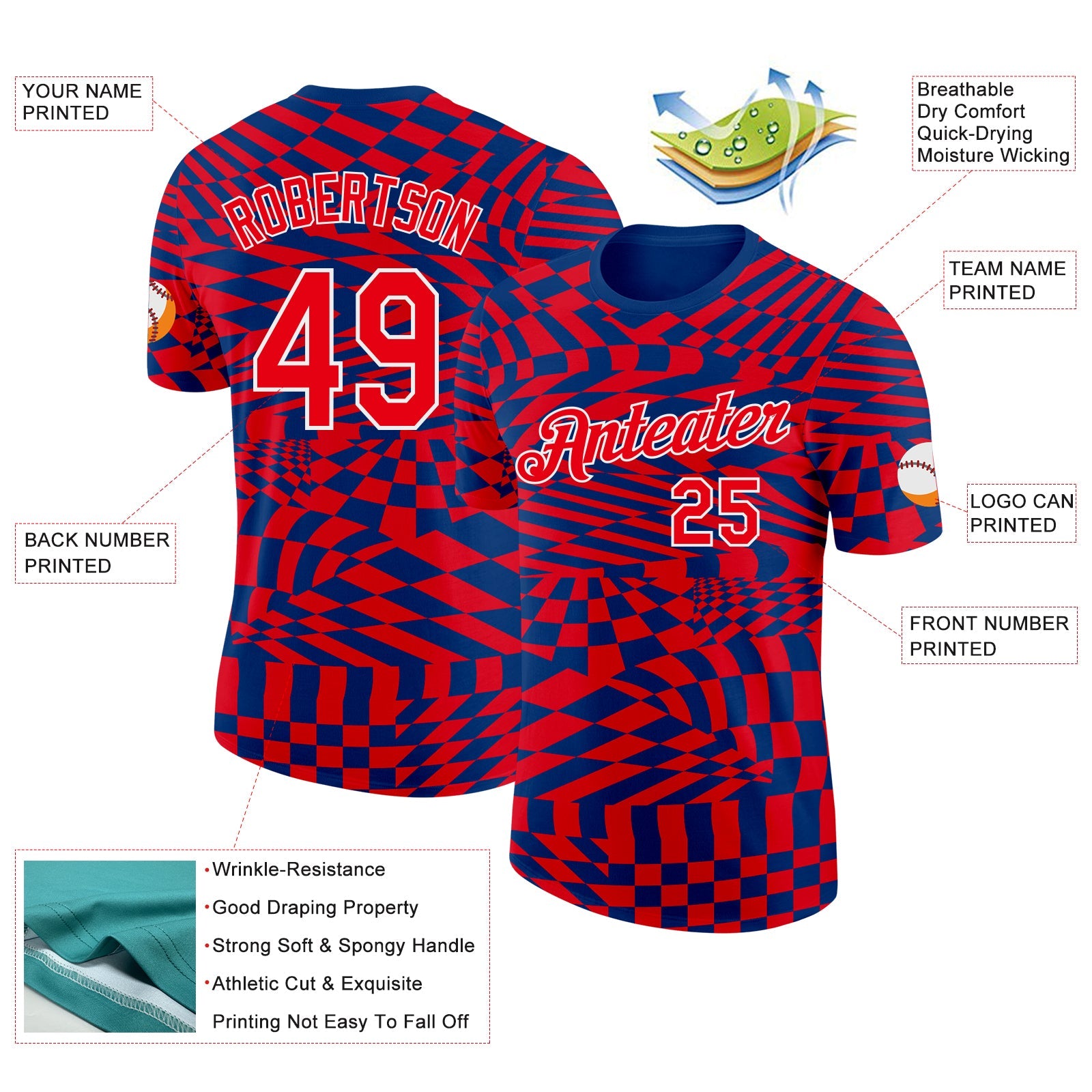 Custom US Navy Blue Fire Red-White Croatia Plaid Performance T-Shirt view 2