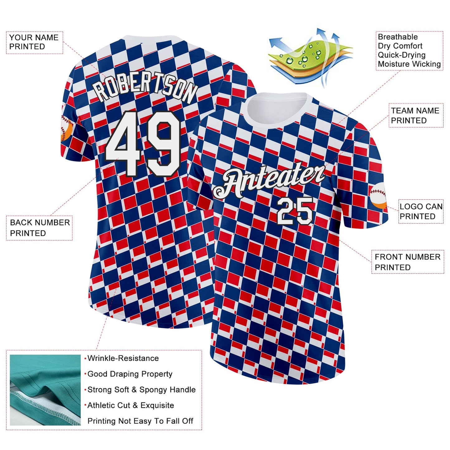 Custom White Black Red-Blue Croatia Plaid Performance T-Shirt view 2