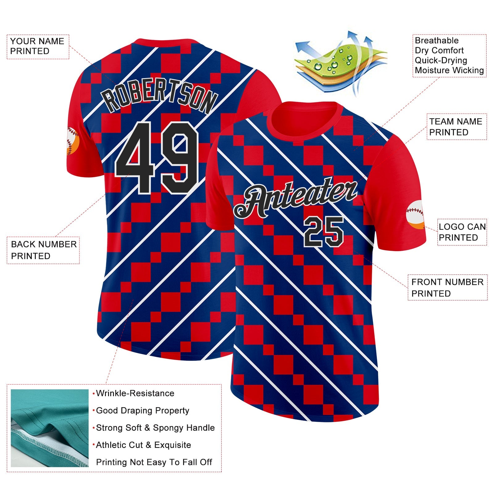 Custom Red Black White-Blue Croatia Rhombus Performance T-Shirt view 2