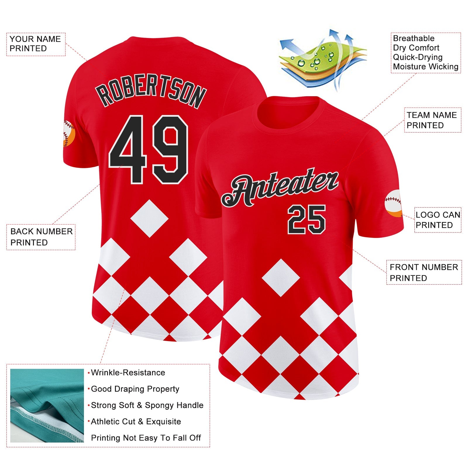 Custom Red Black-White Croatia Rhombus Performance T-Shirt view 2