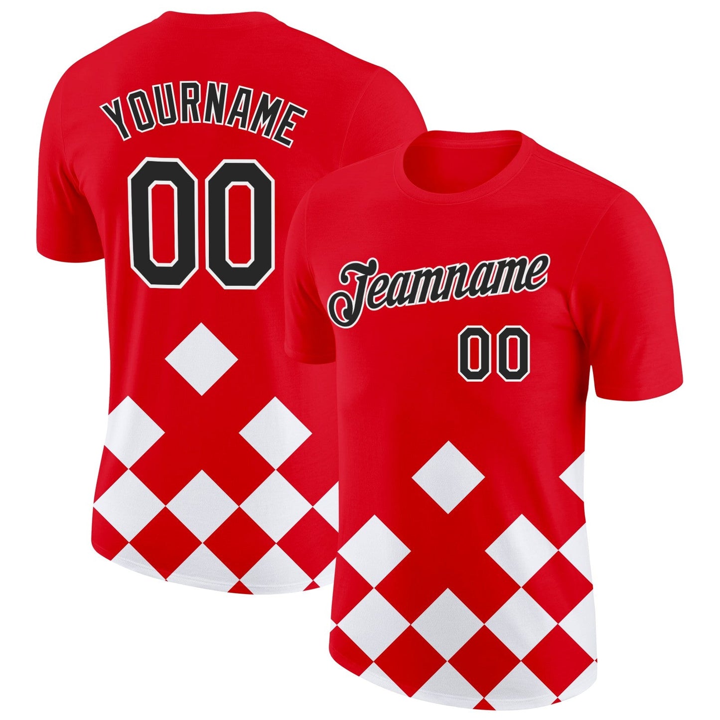 Custom Red Black-White Croatia Rhombus Performance T-Shirt - Main View
