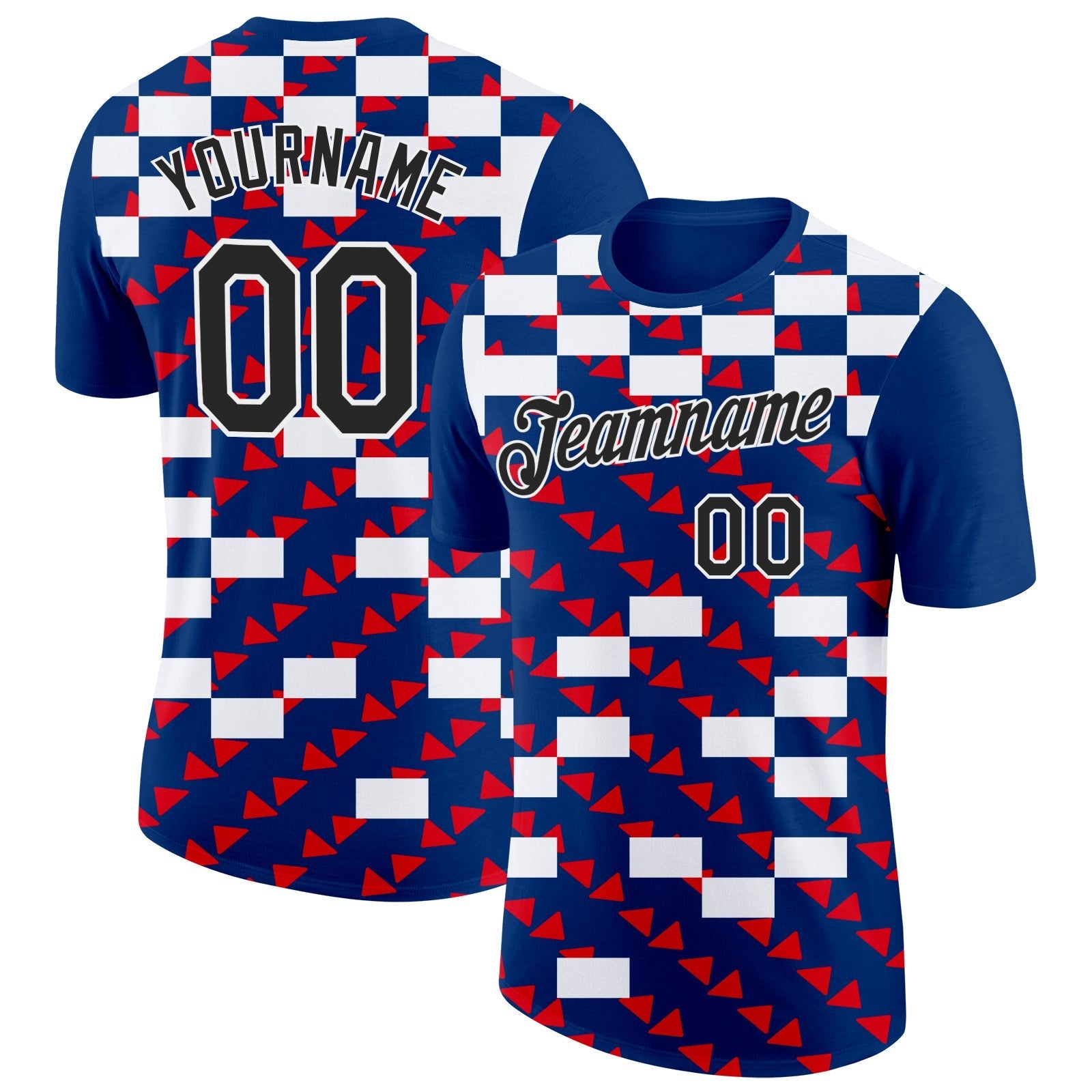 Custom Blue Black White-Red Croatia Geometric Performance T-Shirt - Main View