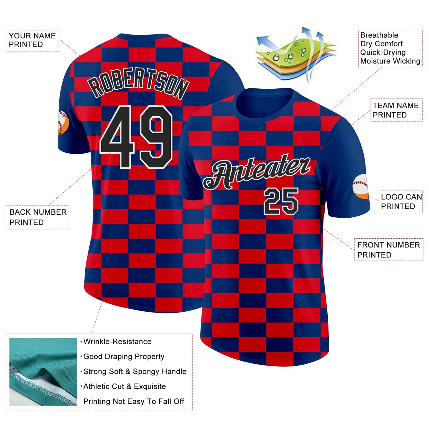 Custom Blue Black White-Red Croatia Plaid Performance T-Shirt view 2