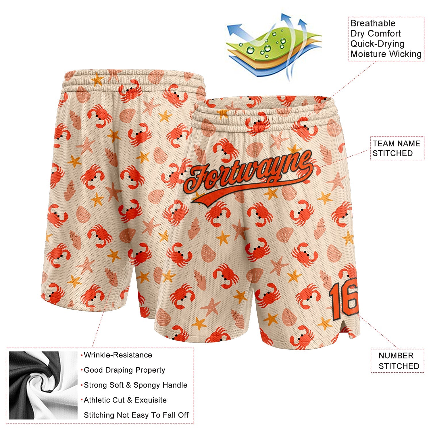 Custom Cream Orange-Black 3D Pattern Crabs Shells And Starfishs Authentic Basketball Shorts view 2