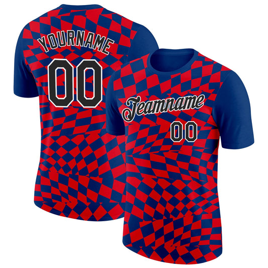 Custom Blue Black White-Red Croatia Plaid Performance T-Shirt - Main View