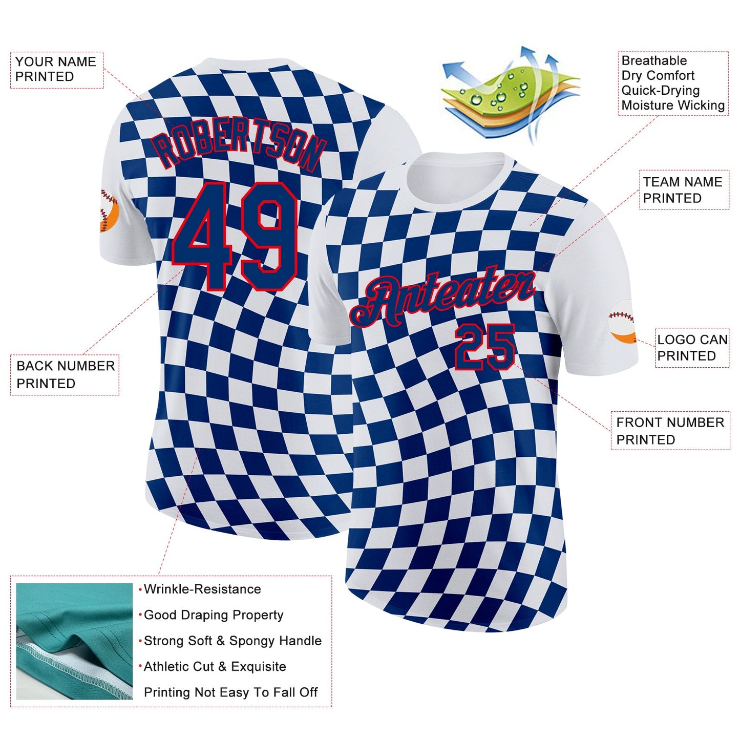 Custom White US Navy Blue Fire Red-Blue Croatia Plaid Performance T-Shirt view 2