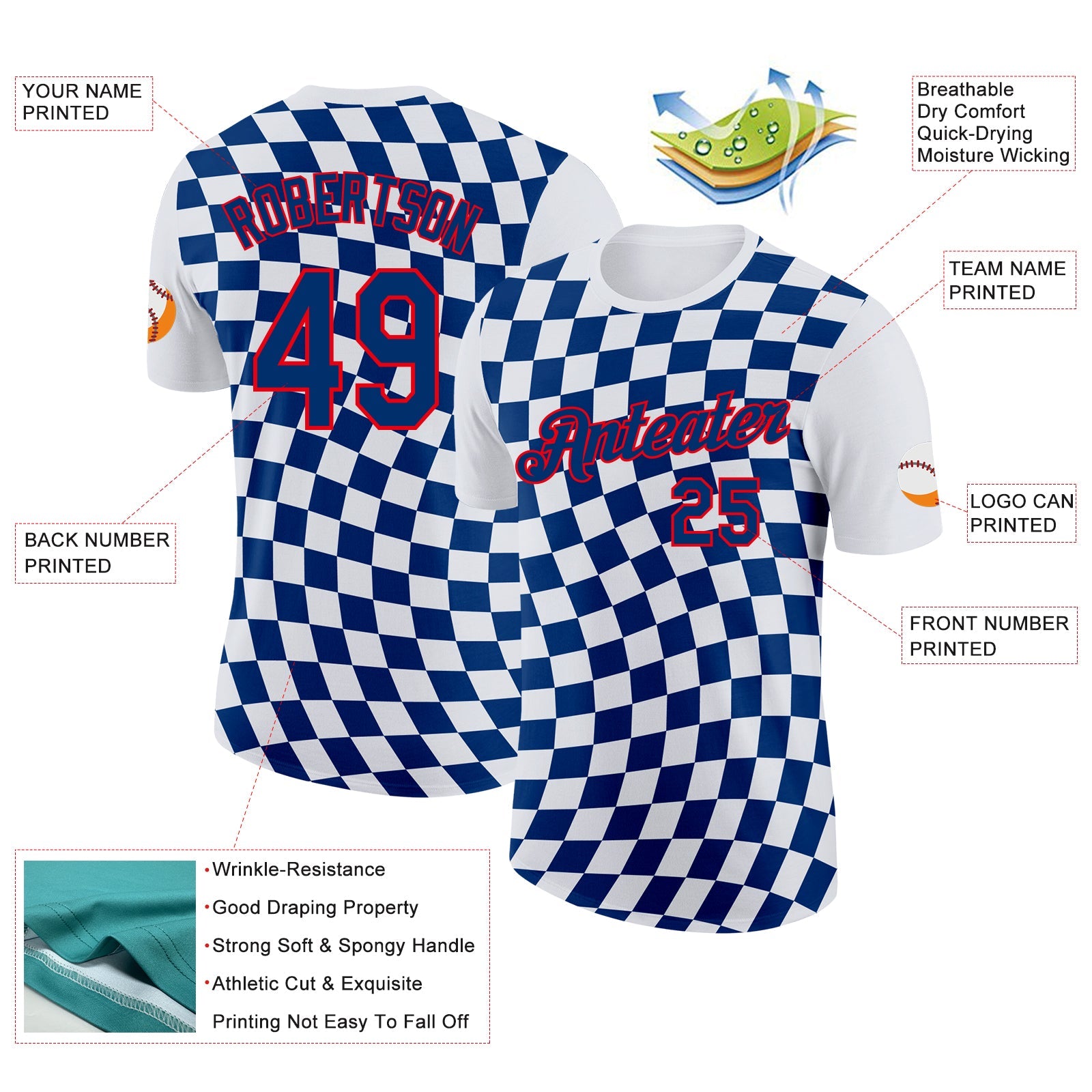 Custom White US Navy Blue Fire Red-Blue Croatia Plaid Performance T-Shirt view 2