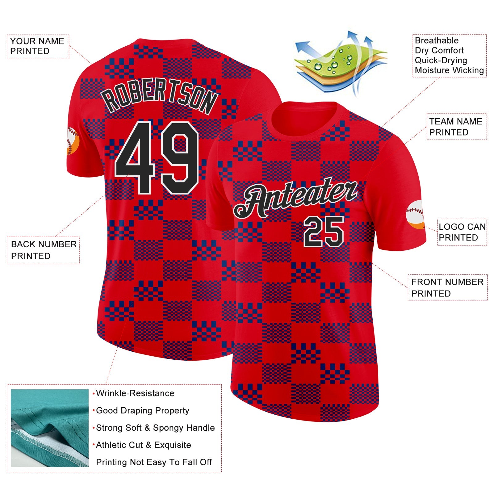 Custom Red Black White-Blue Croatia Plaid Performance T-Shirt view 2