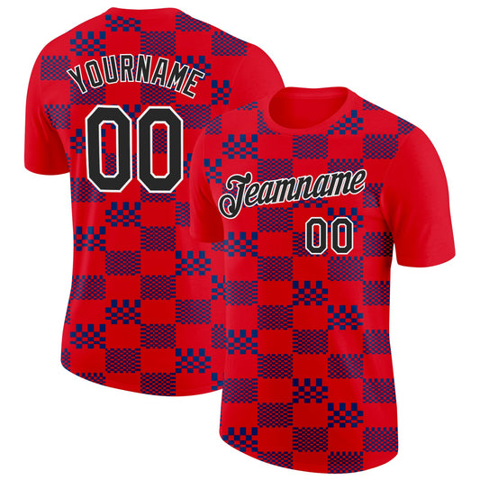 Custom Red Black White-Blue Croatia Plaid Performance T-Shirt - Main View