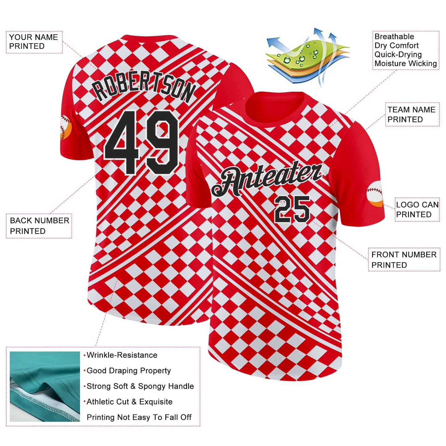 Custom Red Black-White Croatia Plaid Performance T-Shirt view 2