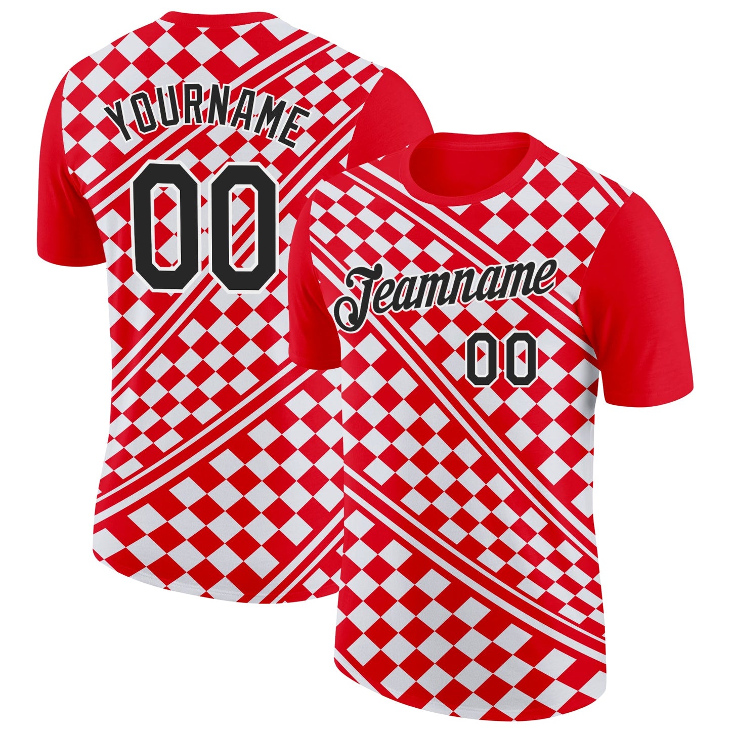 Custom Red Black-White Croatia Plaid Performance T-Shirt - Main View