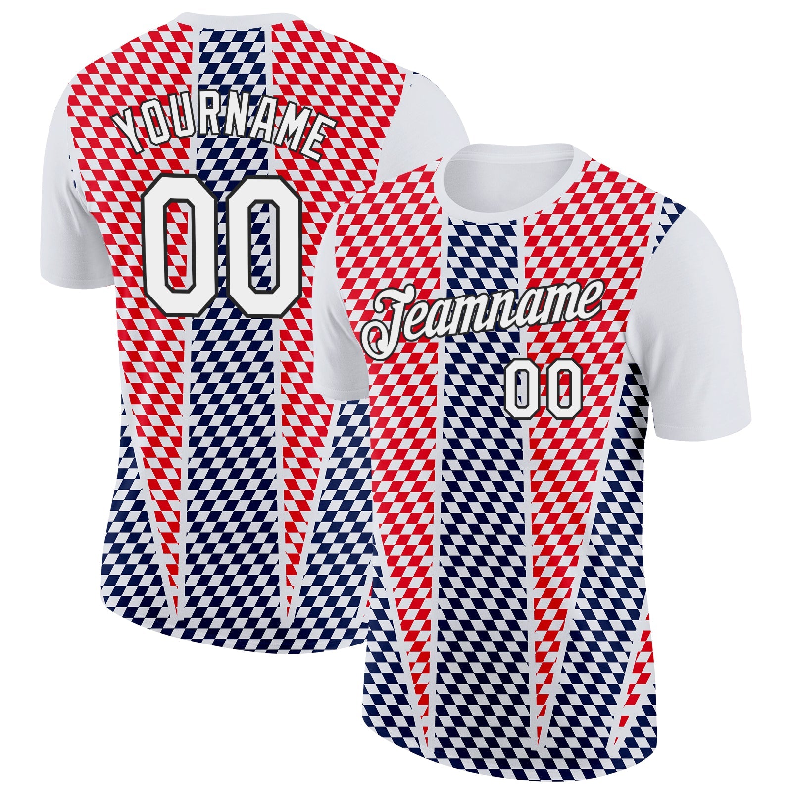 Custom White Black Red-Navy Croatia Plaid Performance T-Shirt - Main View