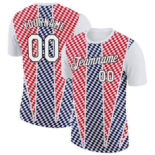 Custom White Black Red-Navy Croatia Plaid Performance T-Shirt - Main View