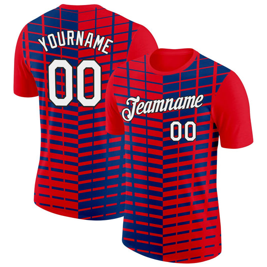 Custom Red White Black-Blue Croatia Plaid Performance T-Shirt - Main View