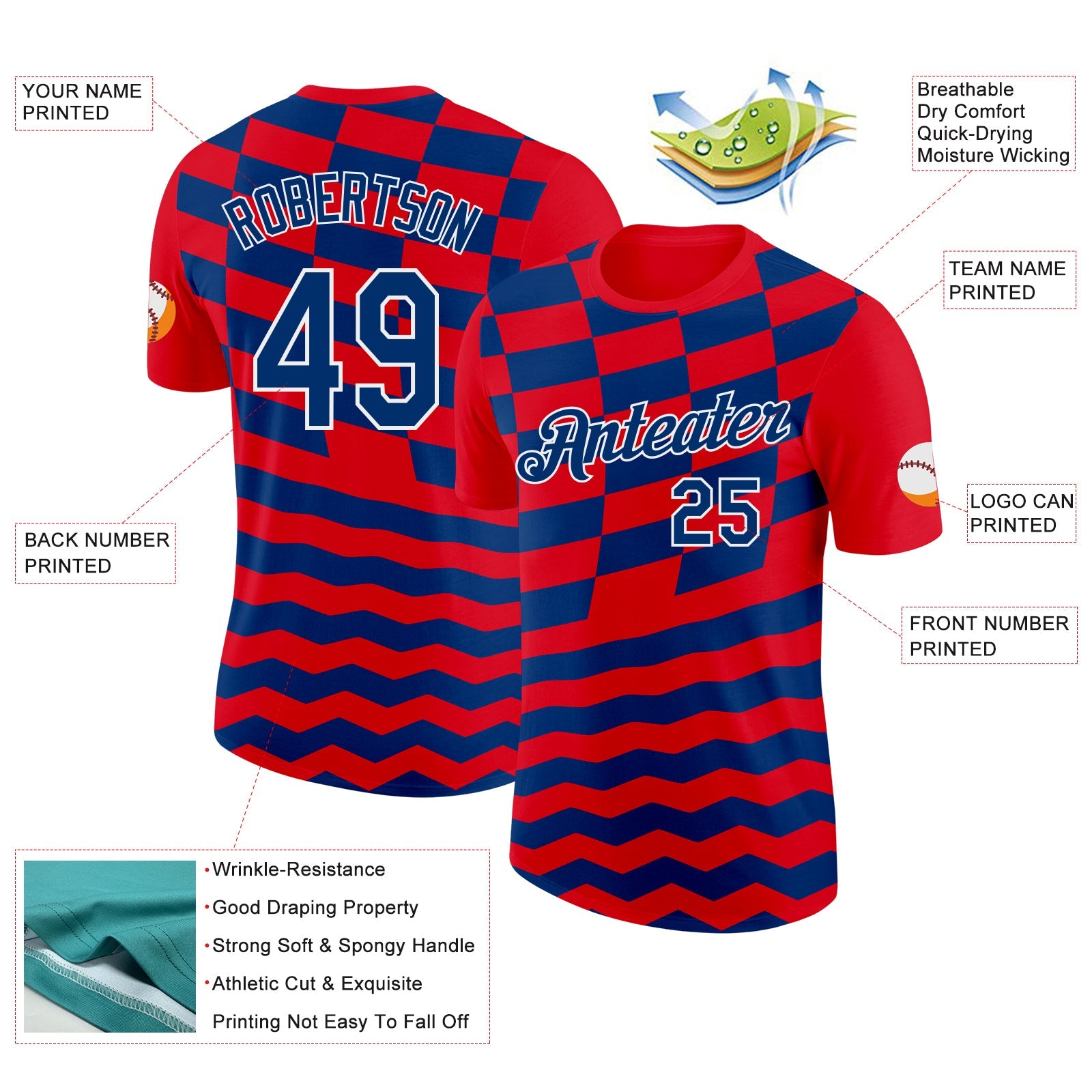 Custom Red US Navy Blue-White Croatia Geometric Performance T-Shirt view 2
