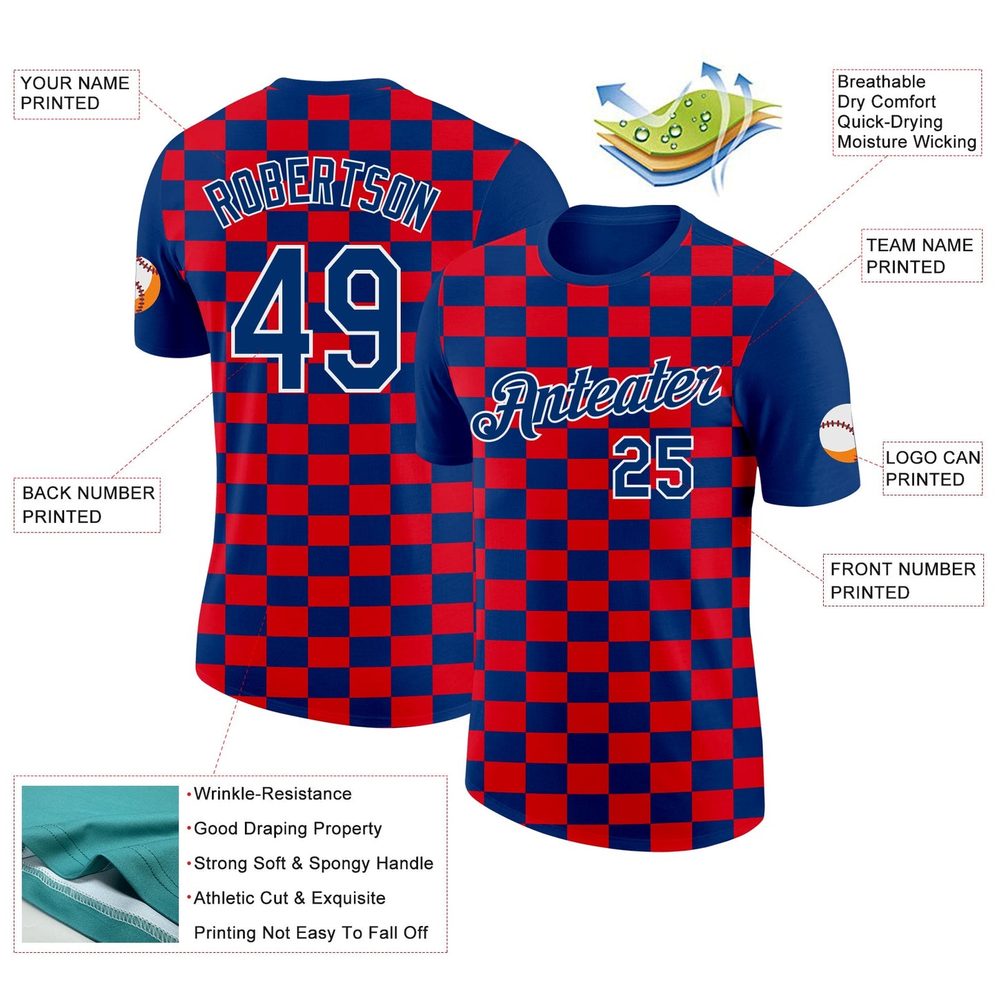 Custom US Navy Blue White-Red Croatia Plaid Performance T-Shirt view 2