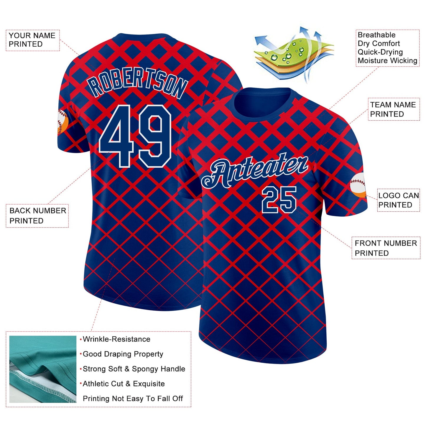 Custom US Navy Blue White-Red Croatia Geometric Performance T-Shirt view 2