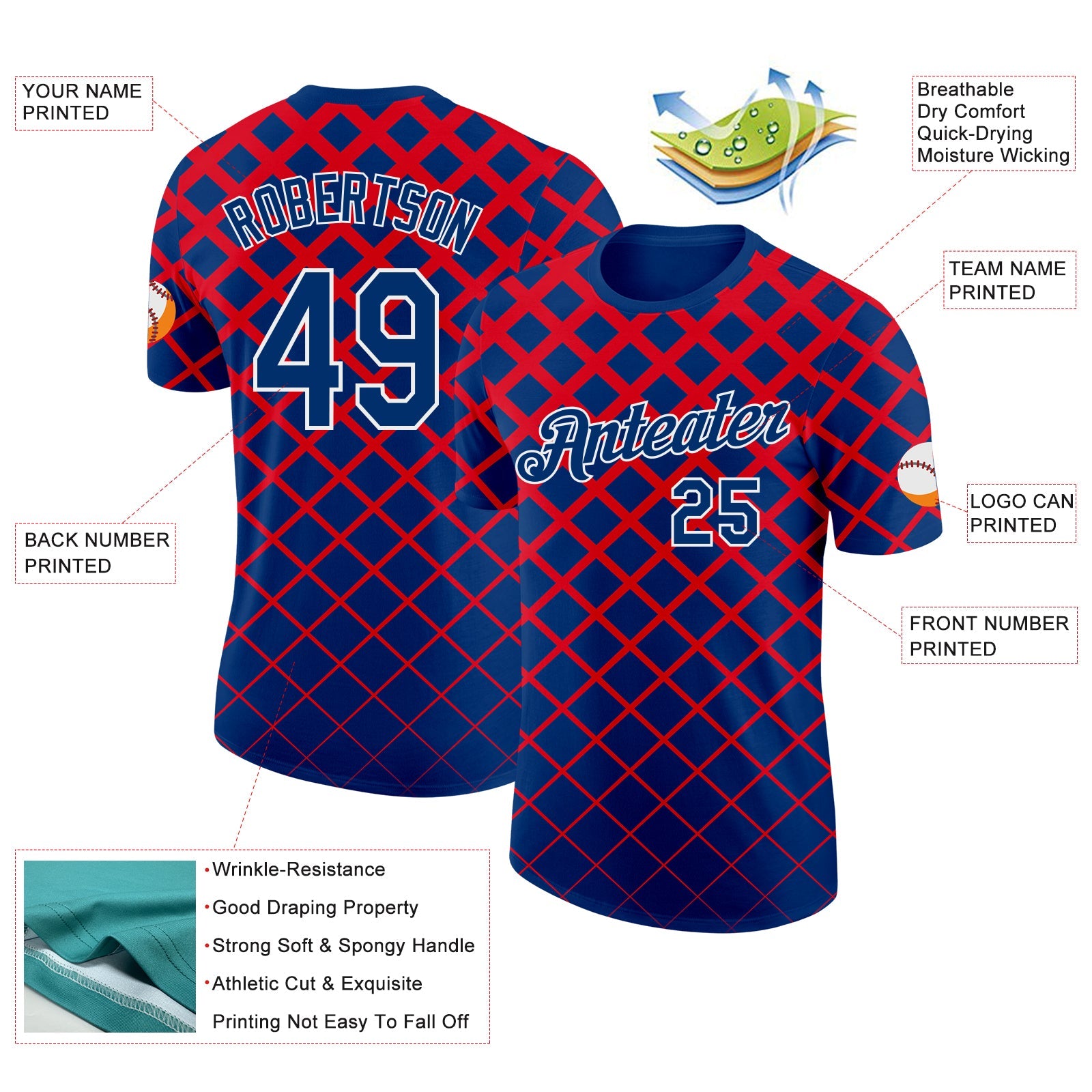 Custom US Navy Blue White-Red Croatia Geometric Performance T-Shirt view 2