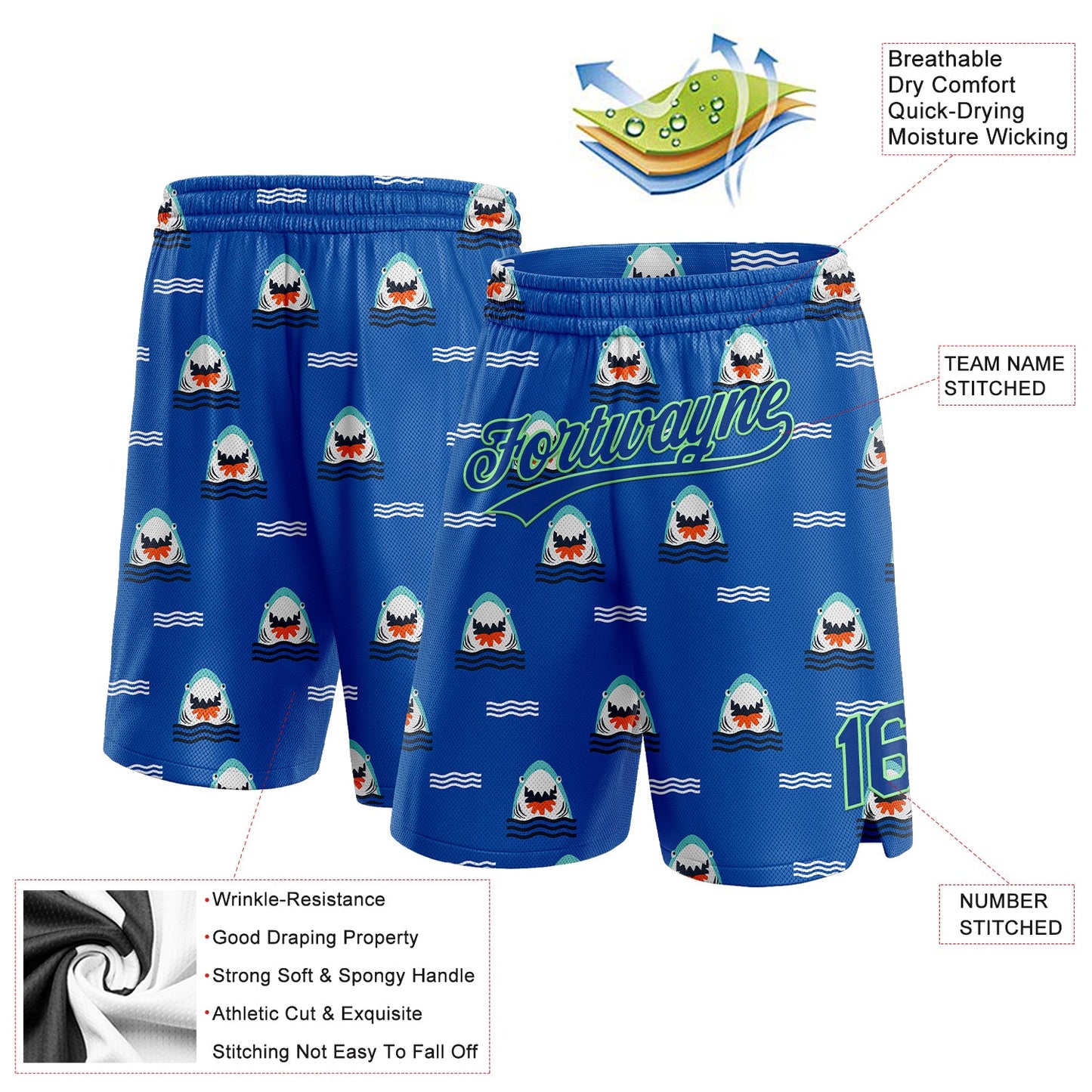 Custom Royal Pea Green 3D Pattern Sharks Authentic Basketball Shorts view 2