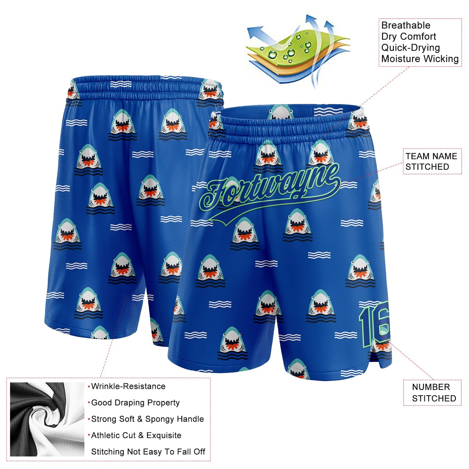 Custom Royal Pea Green 3D Pattern Sharks Authentic Basketball Shorts view 2