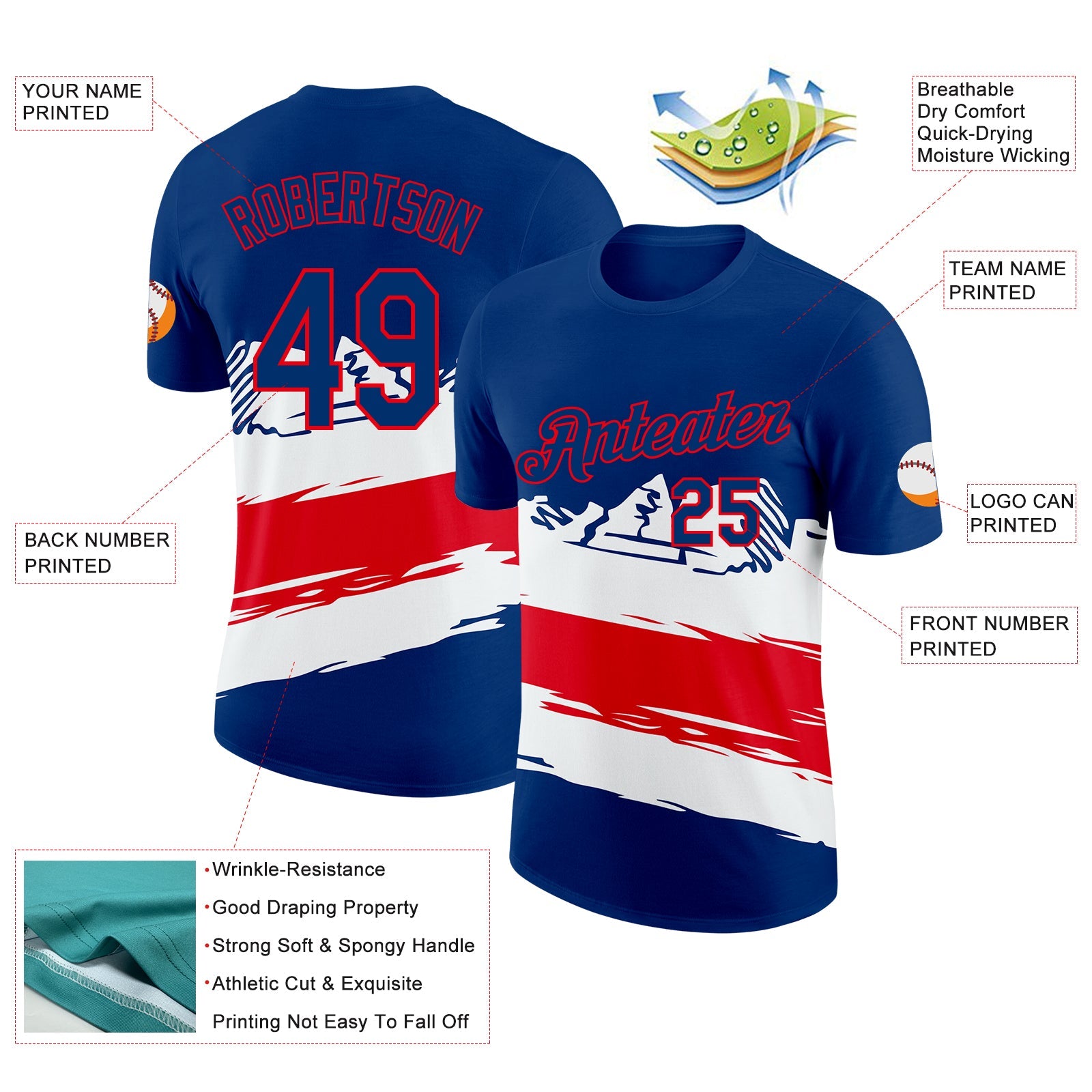 Custom US Navy Blue Fire Red-White Panama Performance T-Shirt view 2