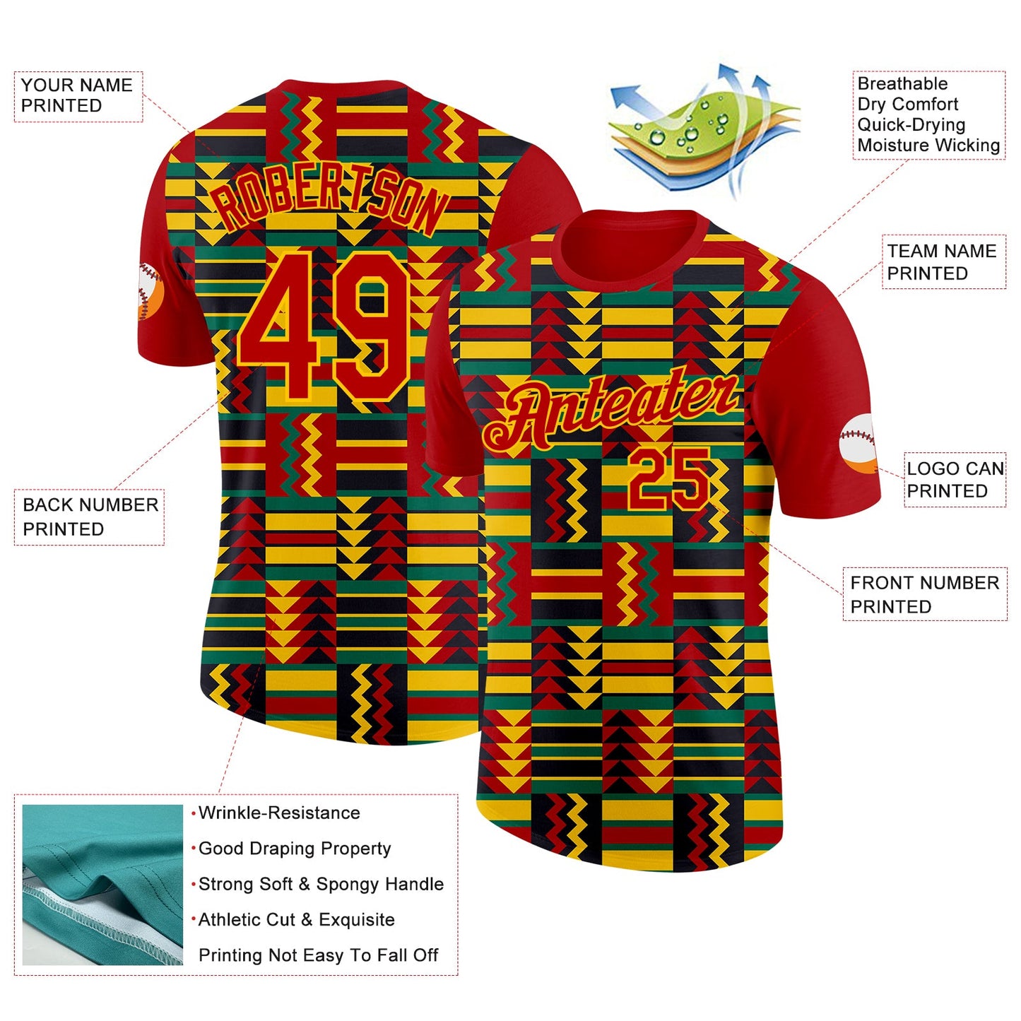 Custom Red Yellow Kelly Green-Black Ghana Geometric Performance T-Shirt view 2