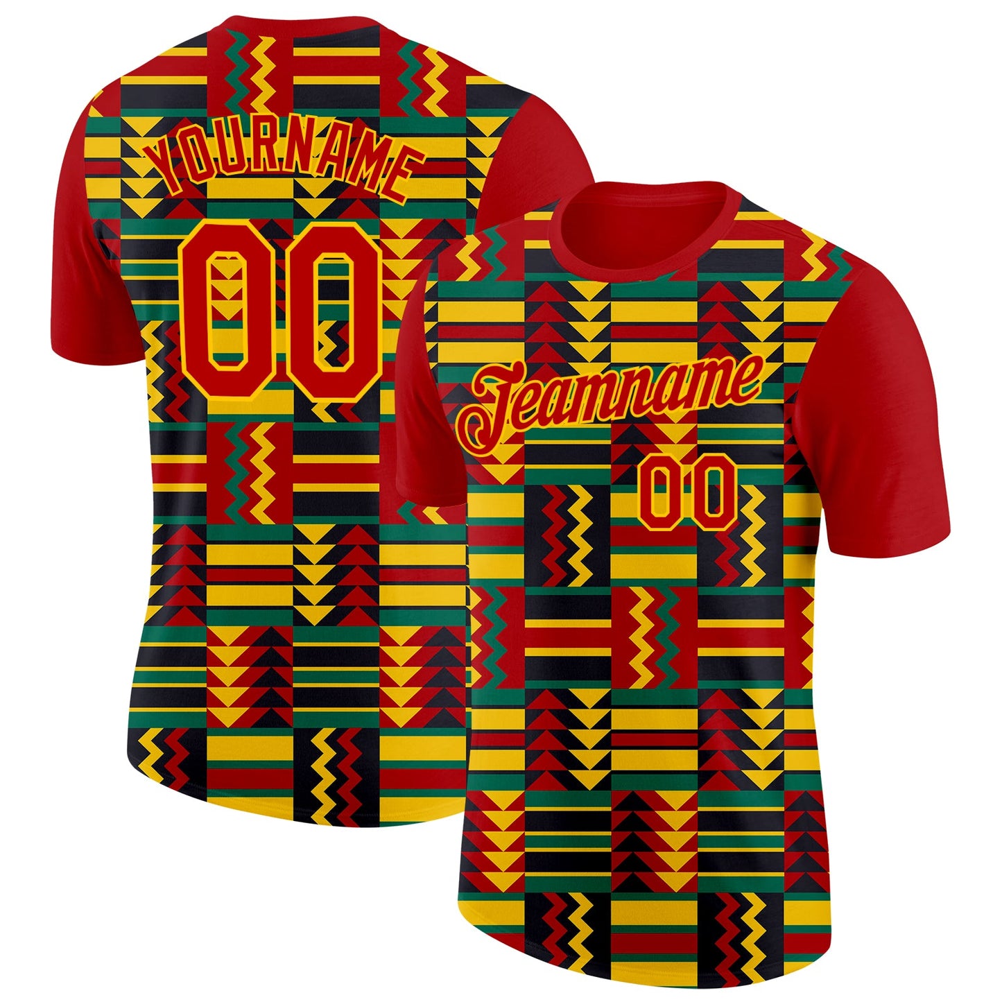 Custom Red Yellow Kelly Green-Black Ghana Geometric Performance T-Shirt - Main View
