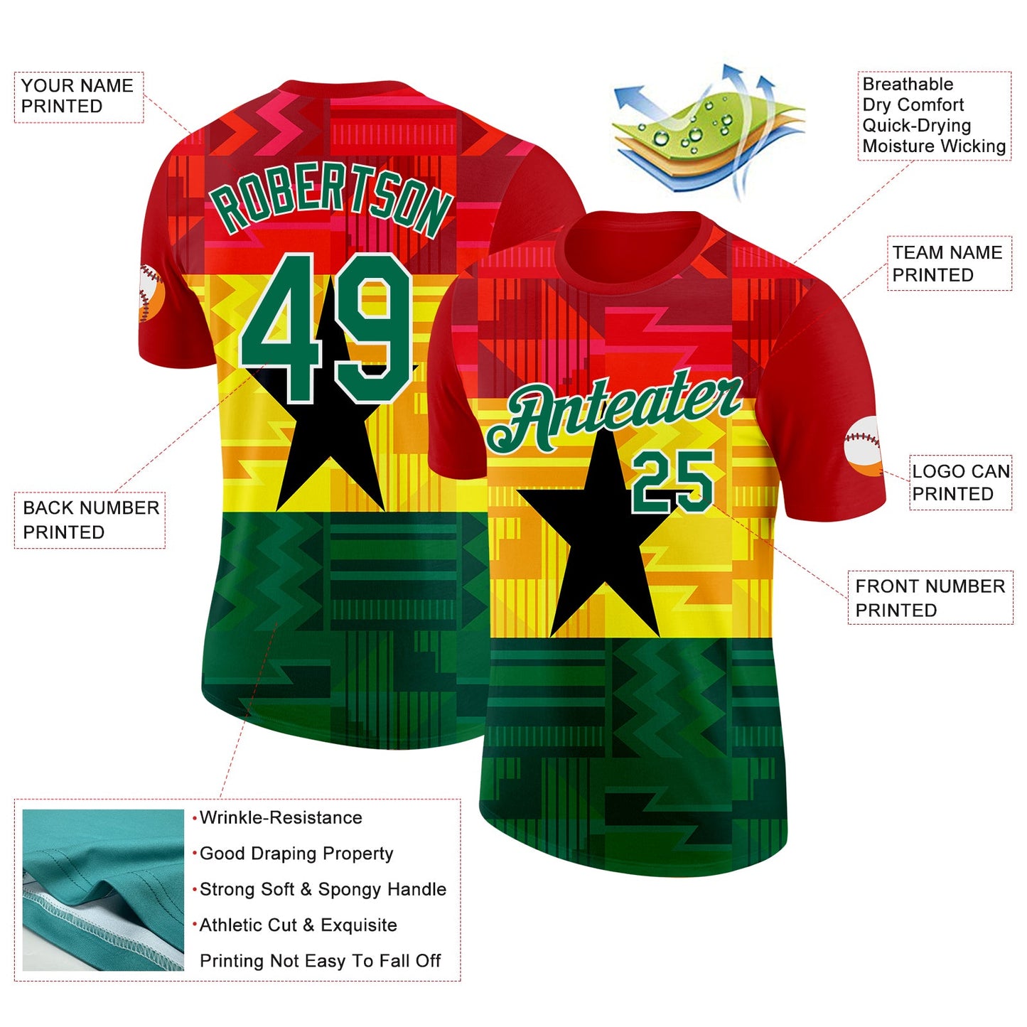 Custom Red Kelly Green White Yellow-Black Ghana Flag Performance T-Shirt view 2