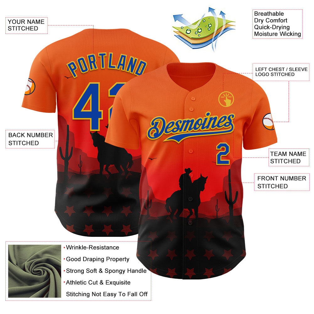 Custom Orange Thunder Blue-Yellow Texas Cowboy City Edition Authentic Baseball Jersey view 3