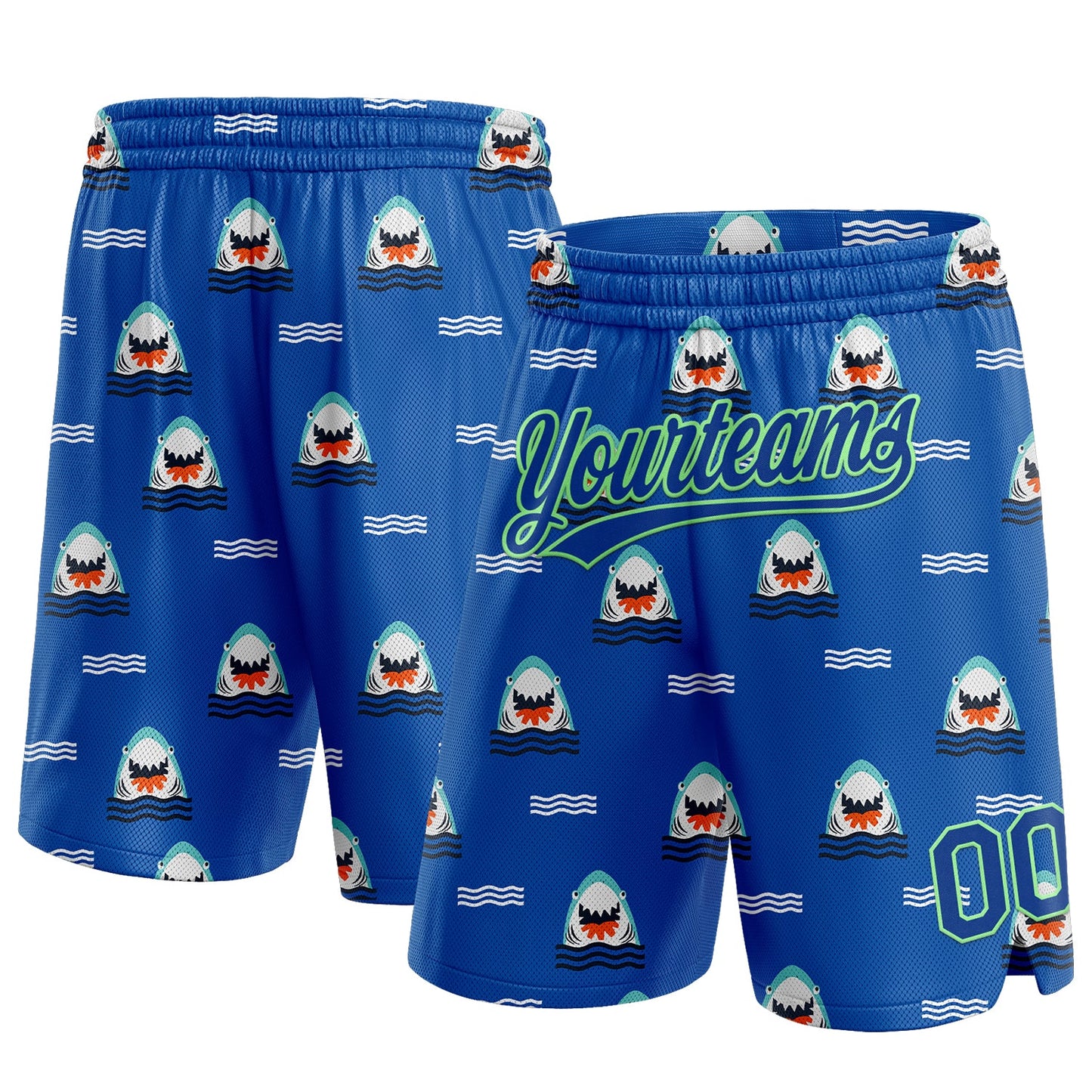 Custom Royal Pea Green 3D Pattern Sharks Authentic Basketball Shorts - Main View