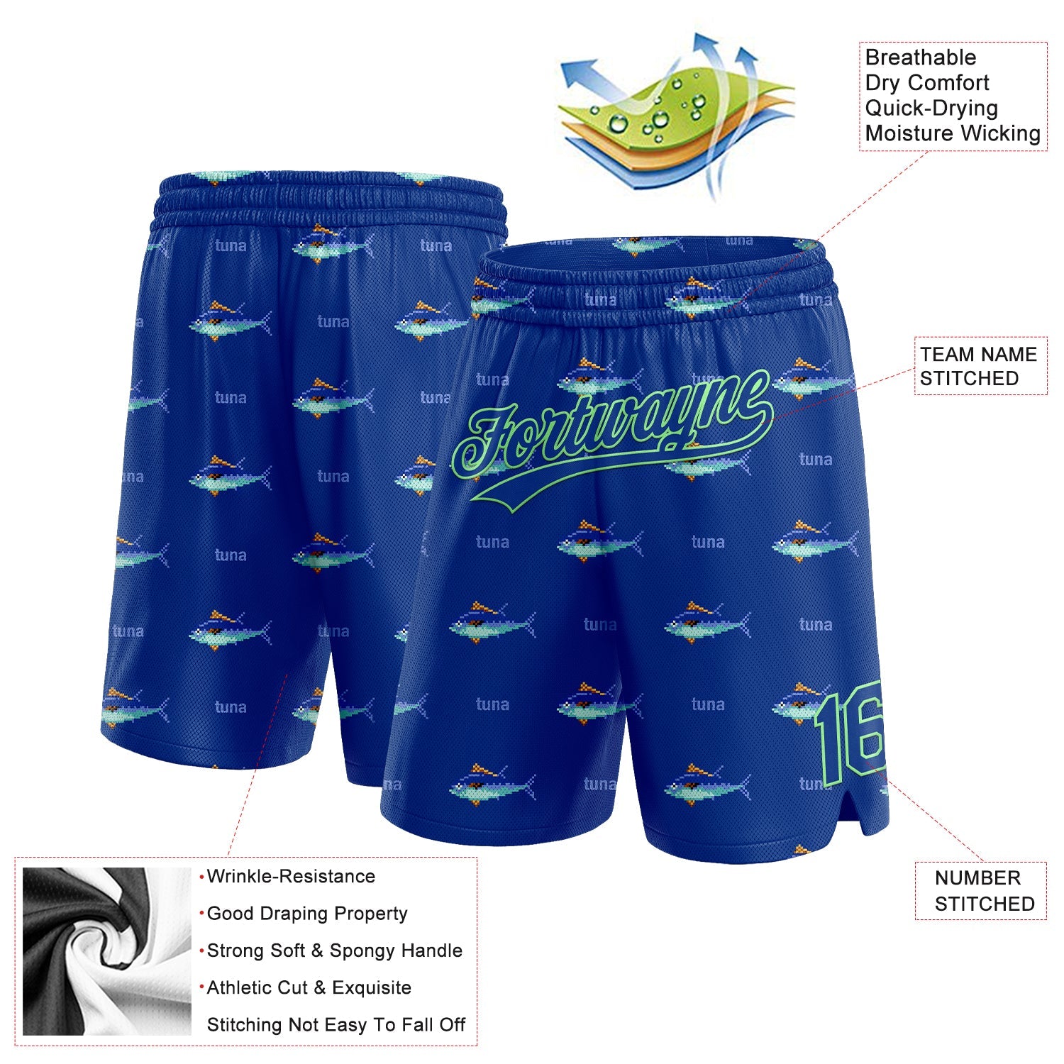 Custom Royal Pea Green 3D Pattern Fish Authentic Basketball Shorts view 2