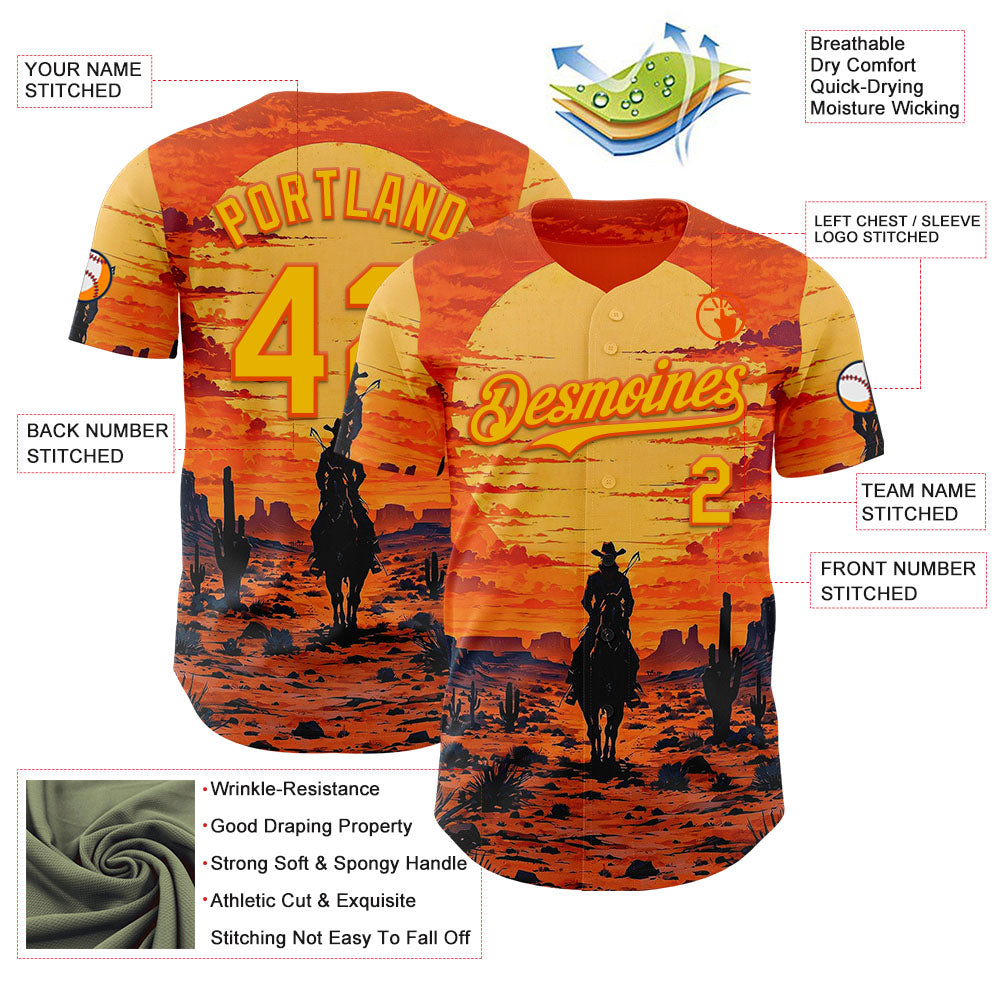 Custom Orange Yellow Texas Cowboy Sunset Southwest Landscape City Edition Authentic Baseball Jersey view 3