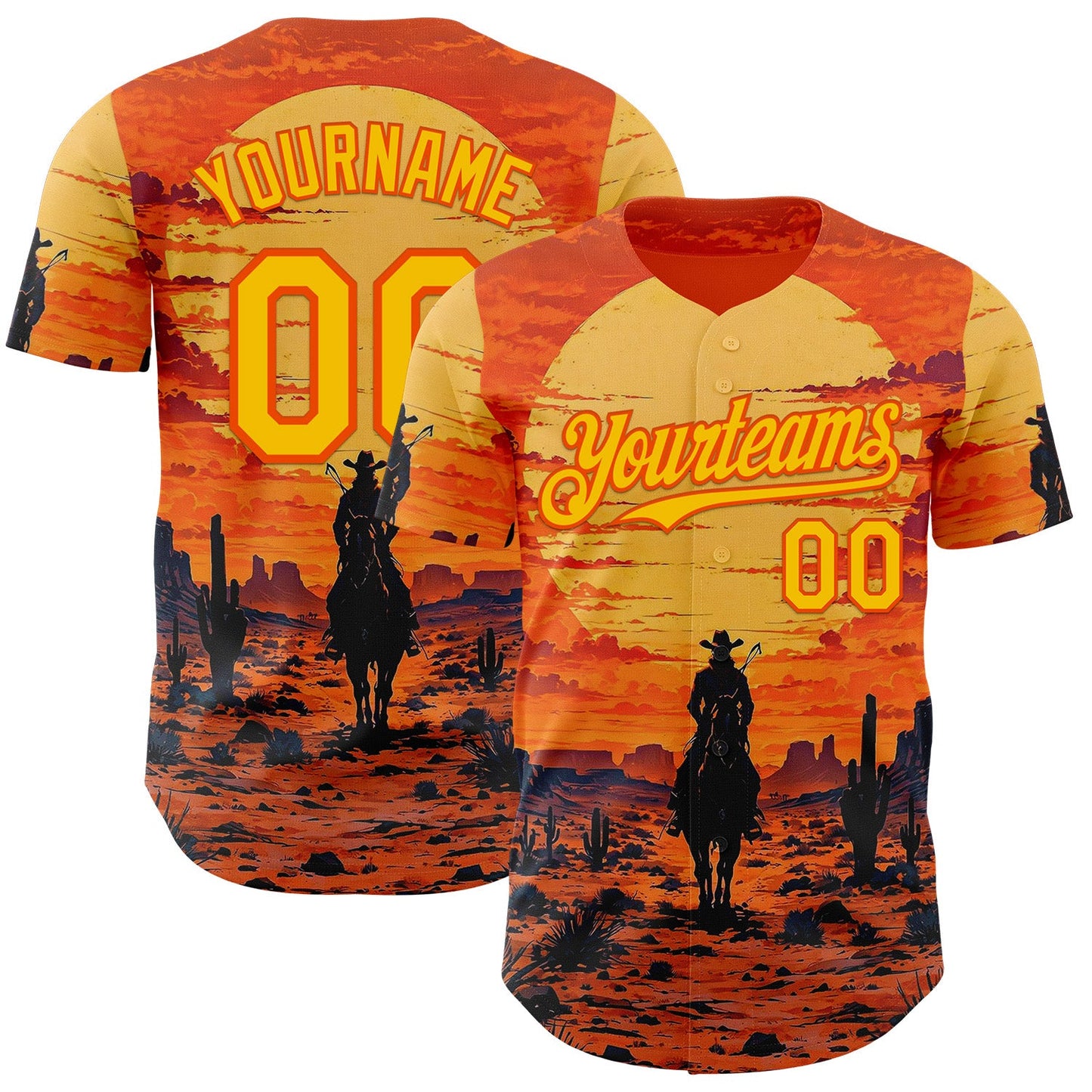 Custom Orange Yellow Texas Cowboy Sunset Southwest Landscape City Edition Authentic Baseball Jersey - Main View