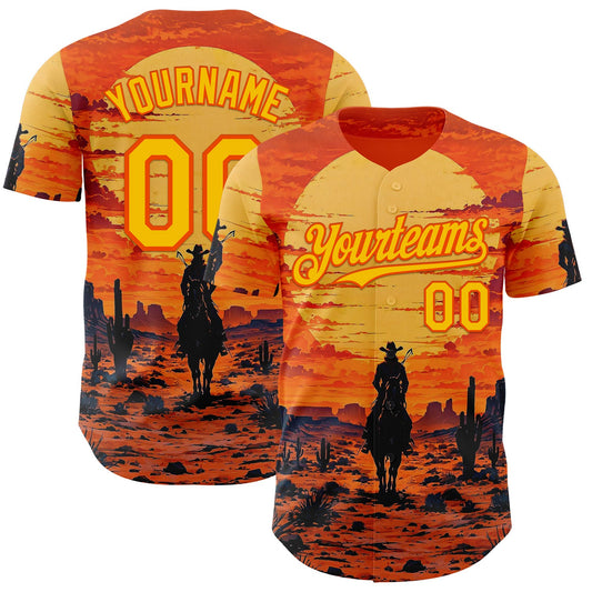 Custom Orange Yellow Texas Cowboy Sunset Southwest Landscape City Edition Authentic Baseball Jersey - Main View