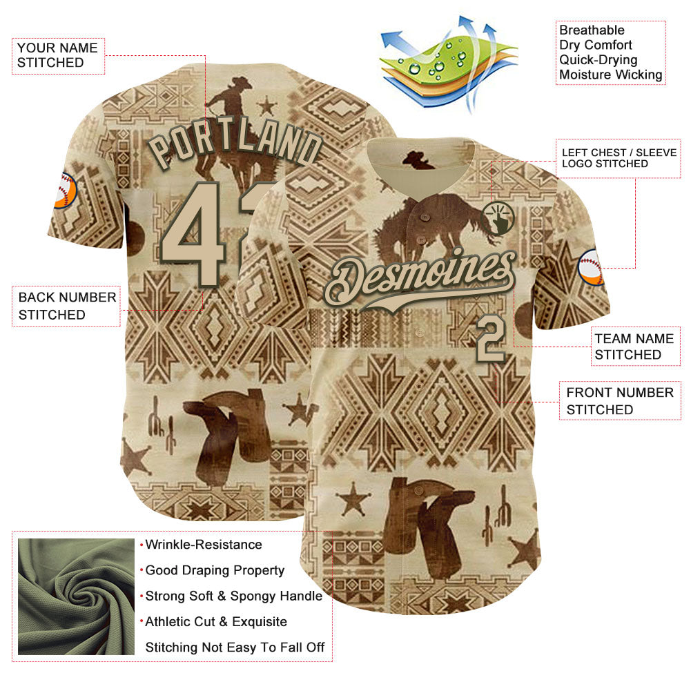 Custom City Cream Olive Texas Cowboy Tribal City Edition Authentic Baseball Jersey view 3