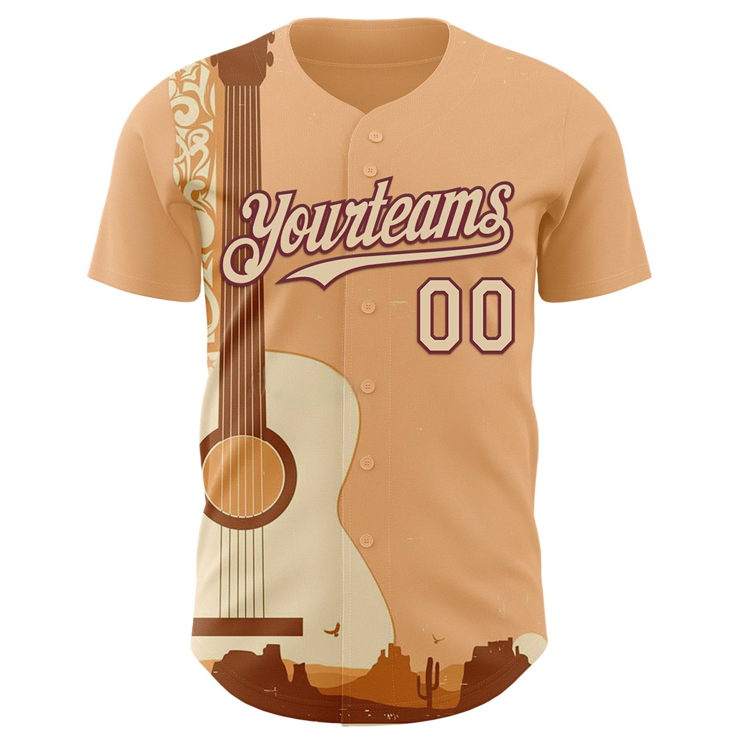 Custom City Cream Burgundy Texas Sunset Southwest Landscape Guitar City Edition Authentic Baseball Jersey view 2