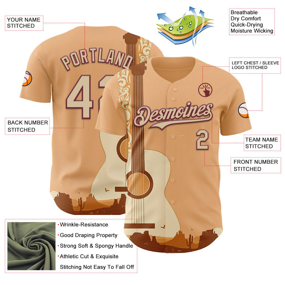Custom City Cream Burgundy Texas Sunset Southwest Landscape Guitar City Edition Authentic Baseball Jersey view 3