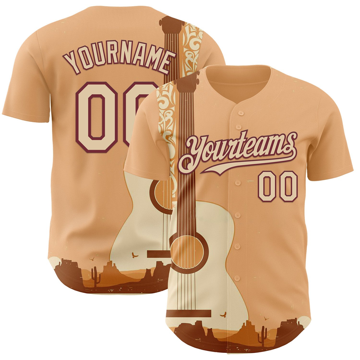 Custom City Cream Burgundy Texas Sunset Southwest Landscape Guitar City Edition Authentic Baseball Jersey - Main View
