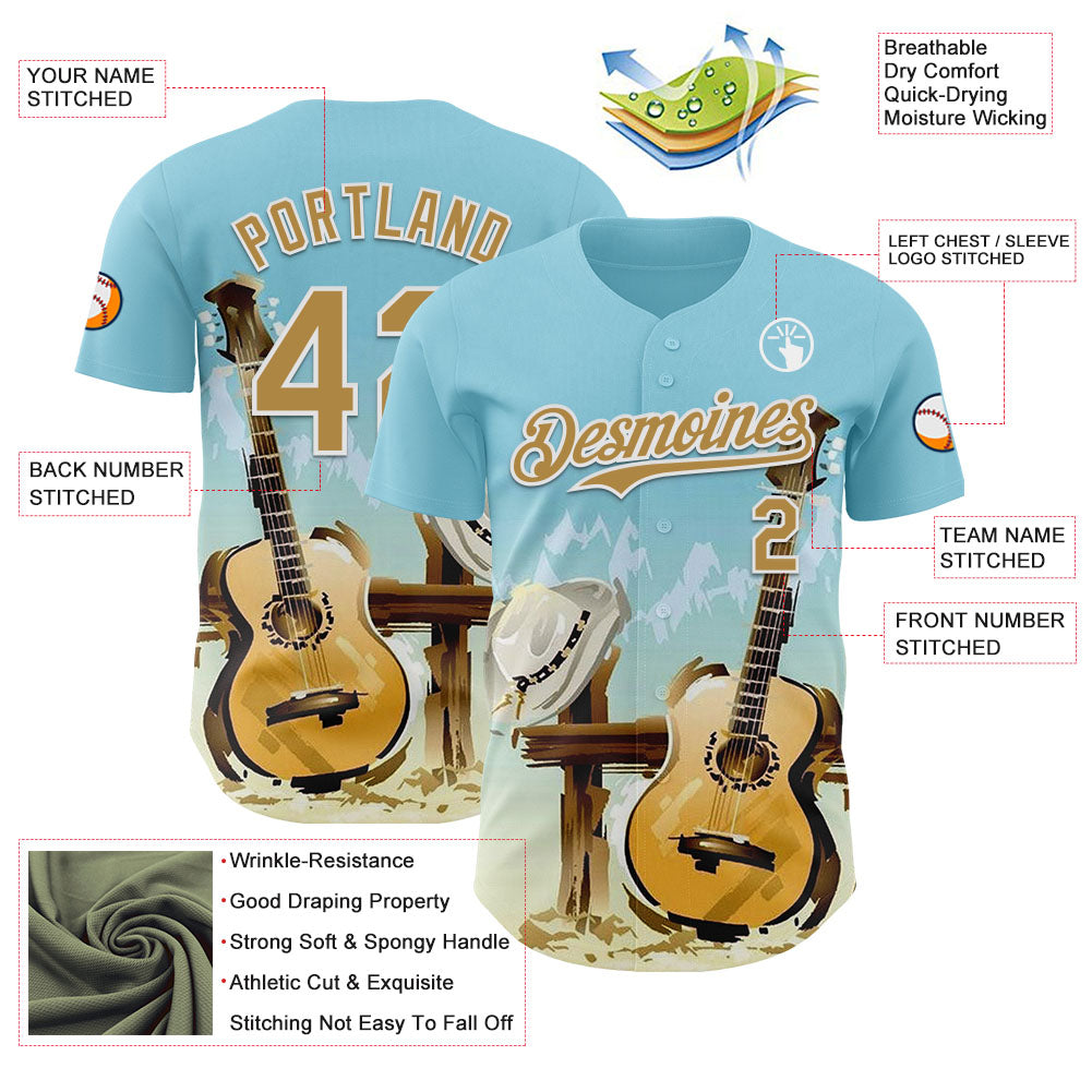 Custom Blue Old Gold-White Texas Landscape Guitar City Edition Authentic Baseball Jersey view 3