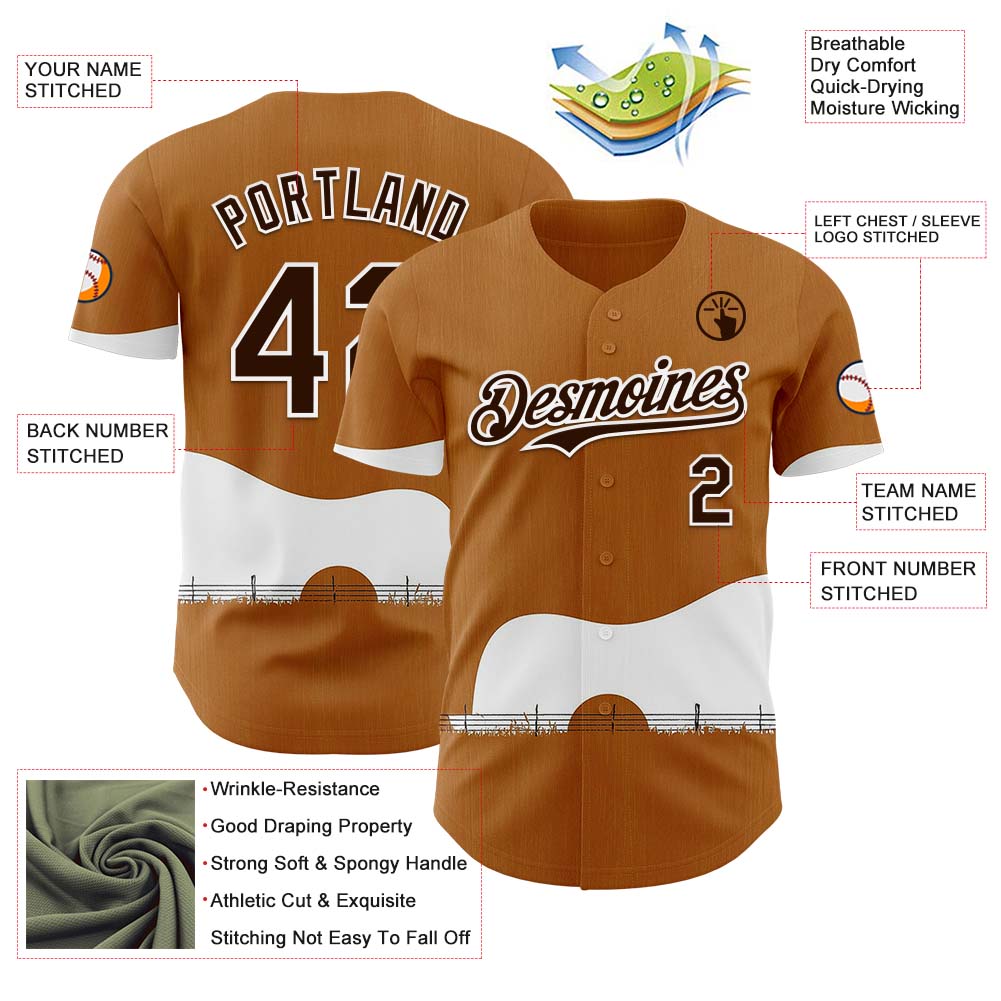 Custom Brown White Texas Guitar City Edition Authentic Baseball Jersey view 3