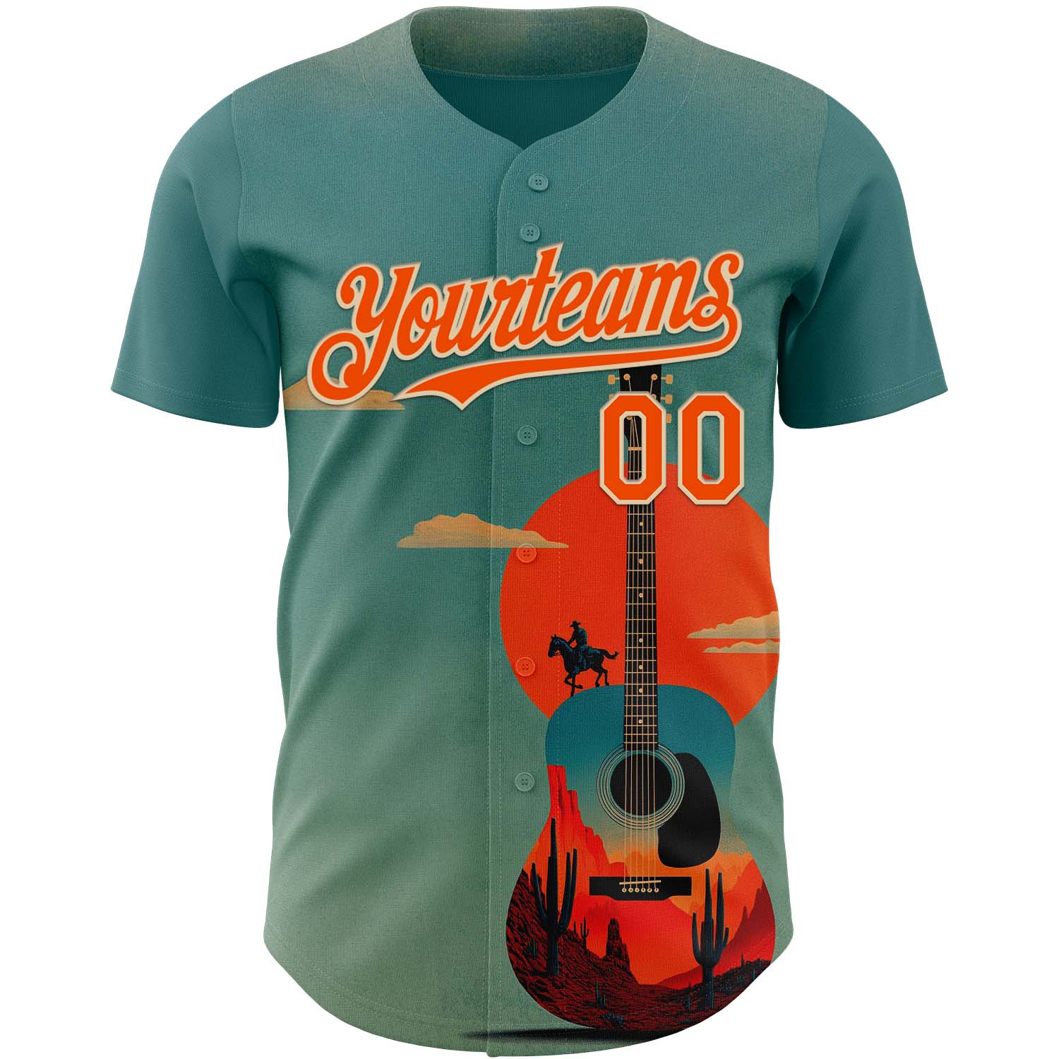 Custom Green Orange-City Cream Texas Sunset Southwest Landscape Guitar City Edition Authentic Baseball Jersey view 2