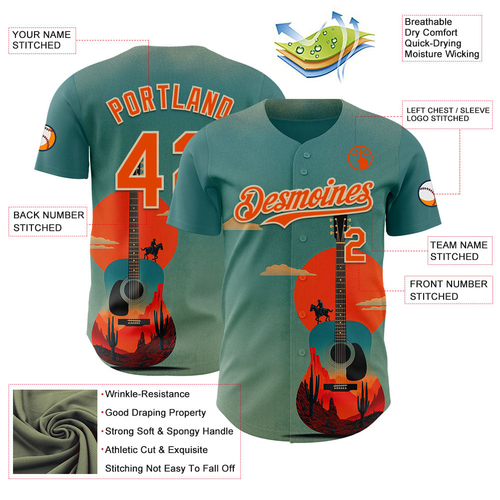 Custom Green Orange-City Cream Texas Sunset Southwest Landscape Guitar City Edition Authentic Baseball Jersey view 3